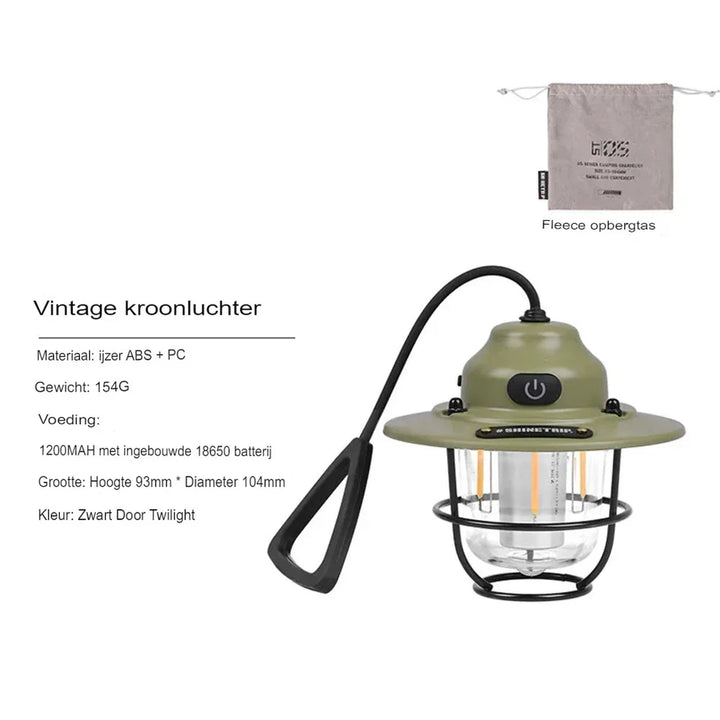 Close-up van de oplaadbare retro LED campinglantaarn, toont vintage design en warm led licht.