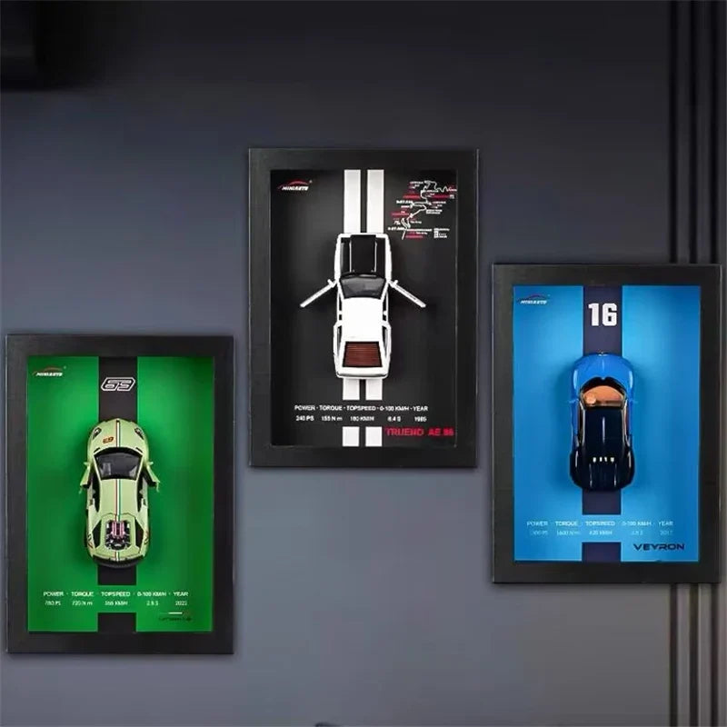Exclusief 3D automodel in luxe designer lijst, perfecte muurdecoratie en kunst voor autoliefhebbers.