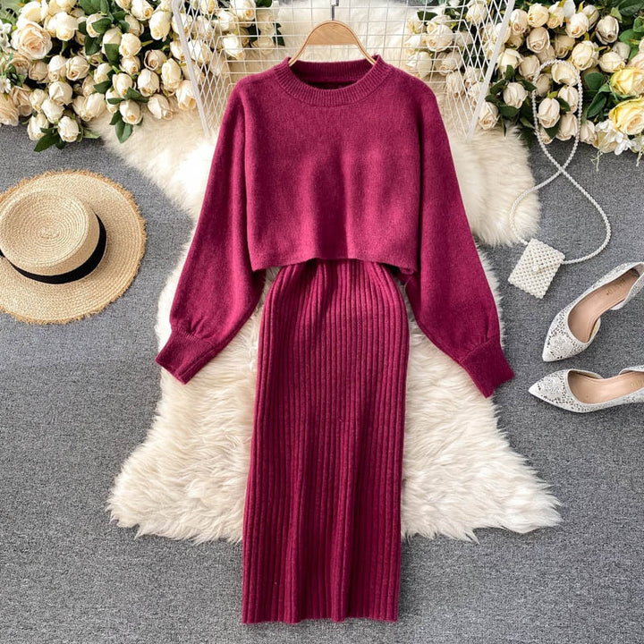 Elegante dames comfy set met zachte stof, trui met pofmouwen en stretch jurk.