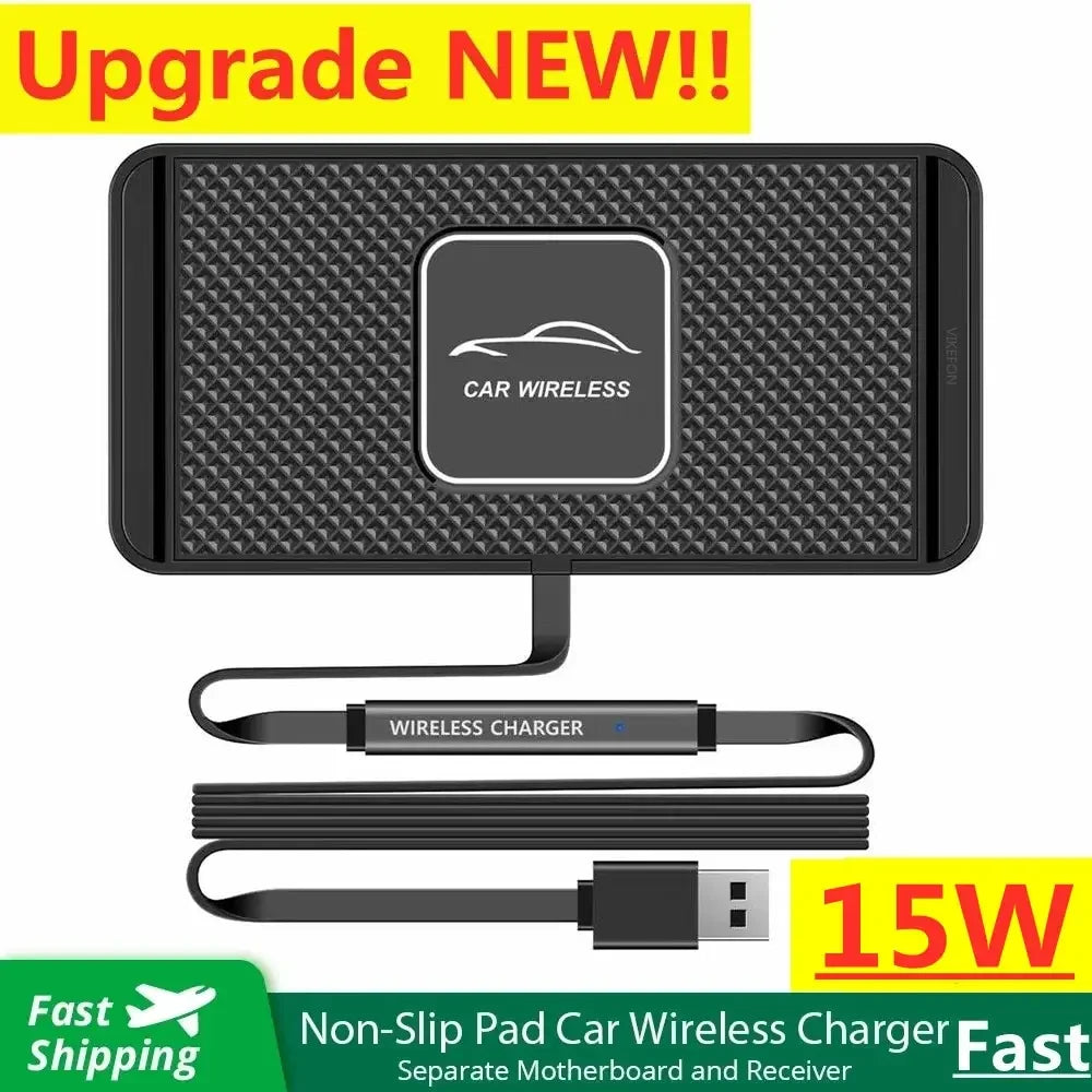 Compact universeel Qi oplaadpad voor in de auto. Draadloze 15W snellader, antislip oppervlak voor telefoon.