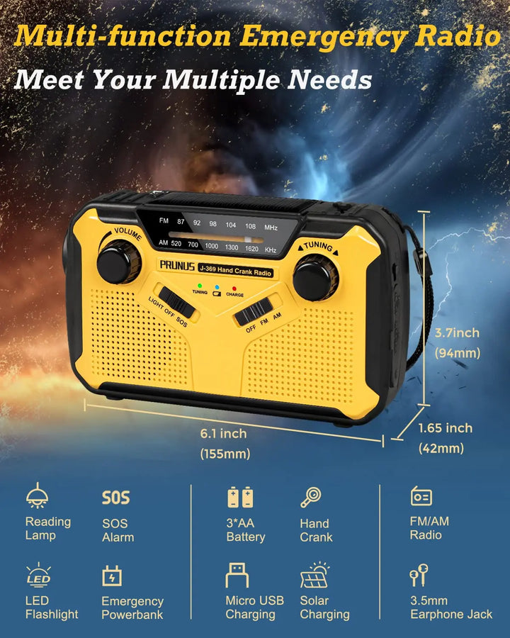 Compacte noodradio met zaklamp en powerbankfunctie, ideaal voor kamperen en outdoor activiteiten.