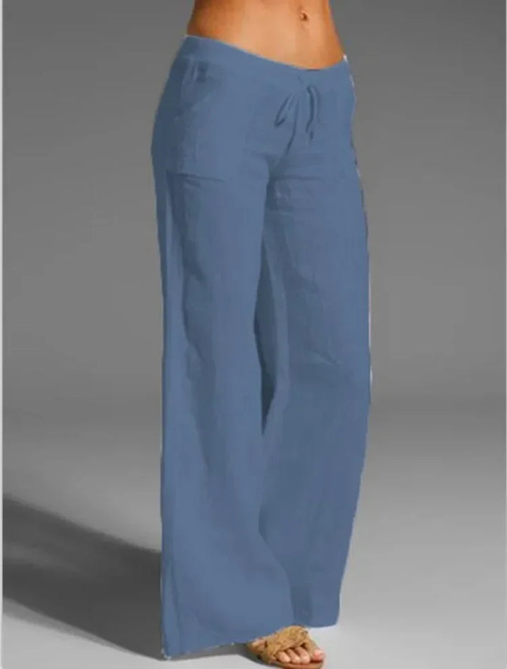 Elegante casual zomerbroek voor dames met wijde pijpen. Modieus ontwerp met trekkoord, ademend en comfortabel.