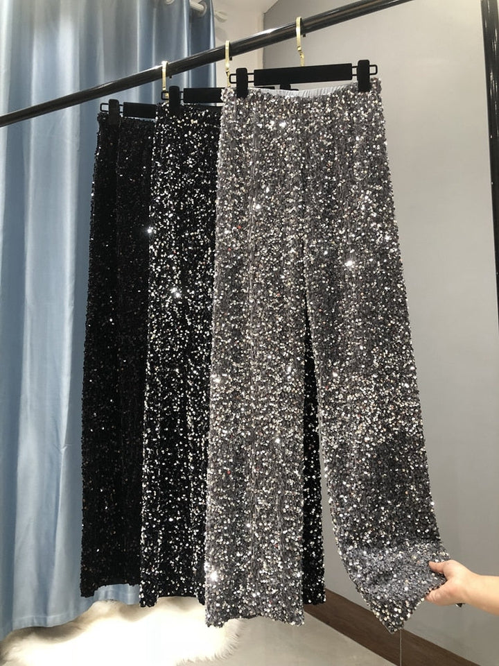Dames glitterbroek met wijde pijpen, perfect voor feestjes en speciale gelegenheden, stijlvol en comfortabel.