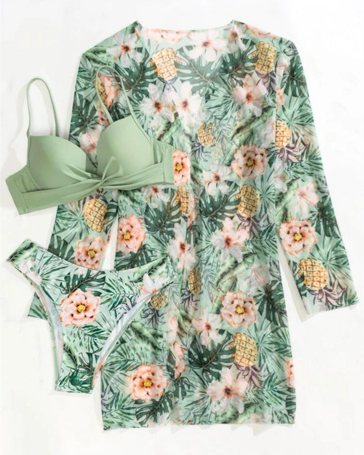Trendy zomeroutfit: 3-delige dames zwemkleding set met strand cover-up.