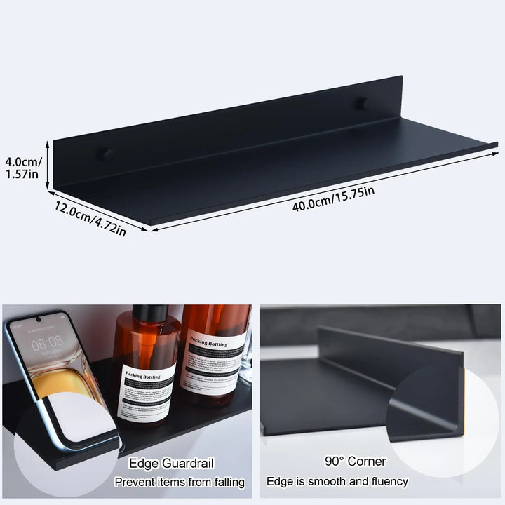 Set van zwevende metalen wandplanken (zwart/wit) voor badkamer & keuken. Strakke opberg- & decoratie-oplossing.