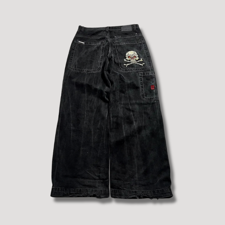 Zwarte dames baggy jeans met hoge taille en wijde pijpen, een trendy en comfortabele retro look.