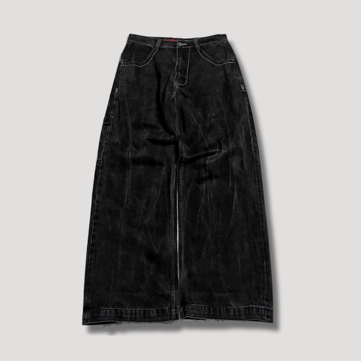 Modieuze zwarte baggy jeans voor dames met hoge taille, perfect voor een casual en comfortabele outfit.