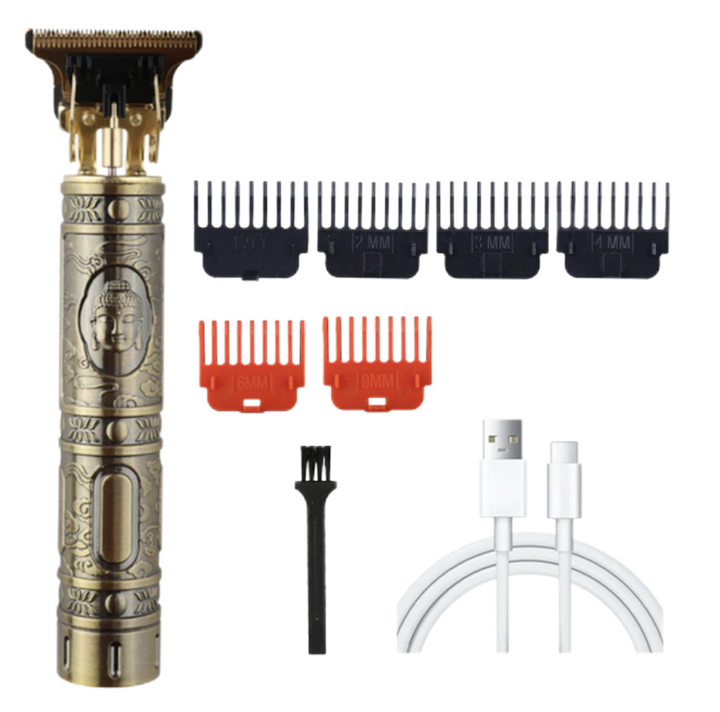Draadloze precisie tondeuse voor heren, ideaal voor baard en haar. Zwart-gouden design met strakke lijnen.