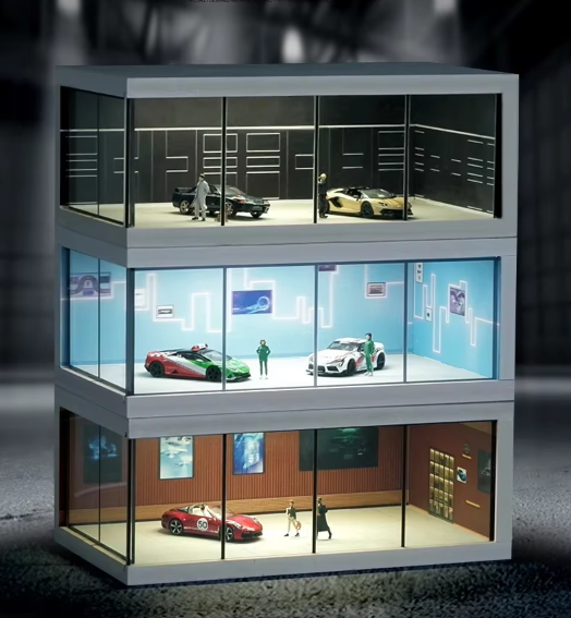 Modelauto displaygarage met heldere LED verlichting, perfect voor het presenteren van jouw waardevolle modelauto's.
