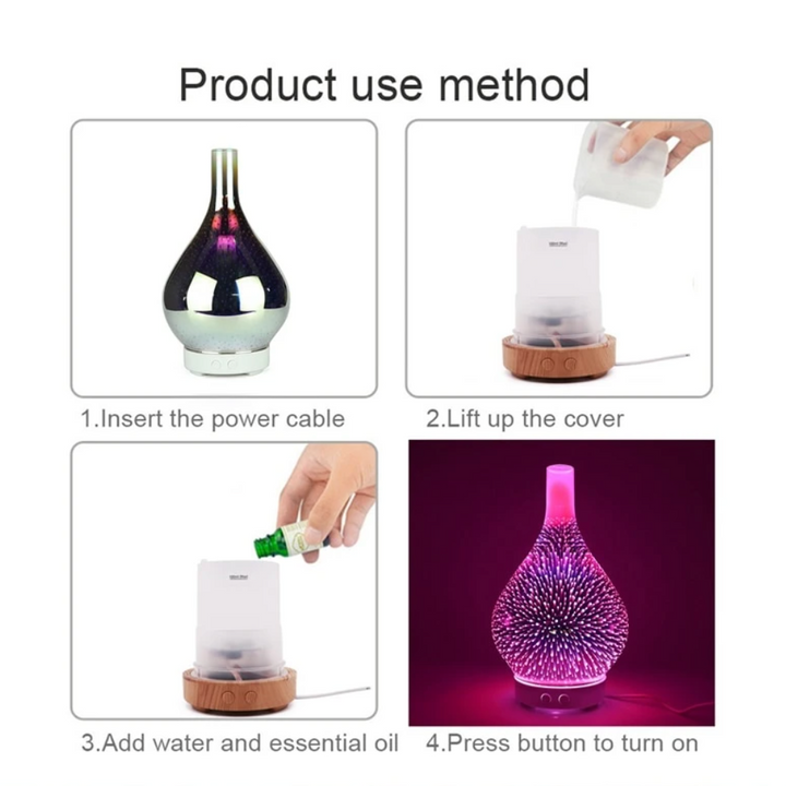 GalaxyGlow aromadiffuser toont prachtige LED kleuren en verspreidt kalmerende geuren voor ultieme ontspanning.