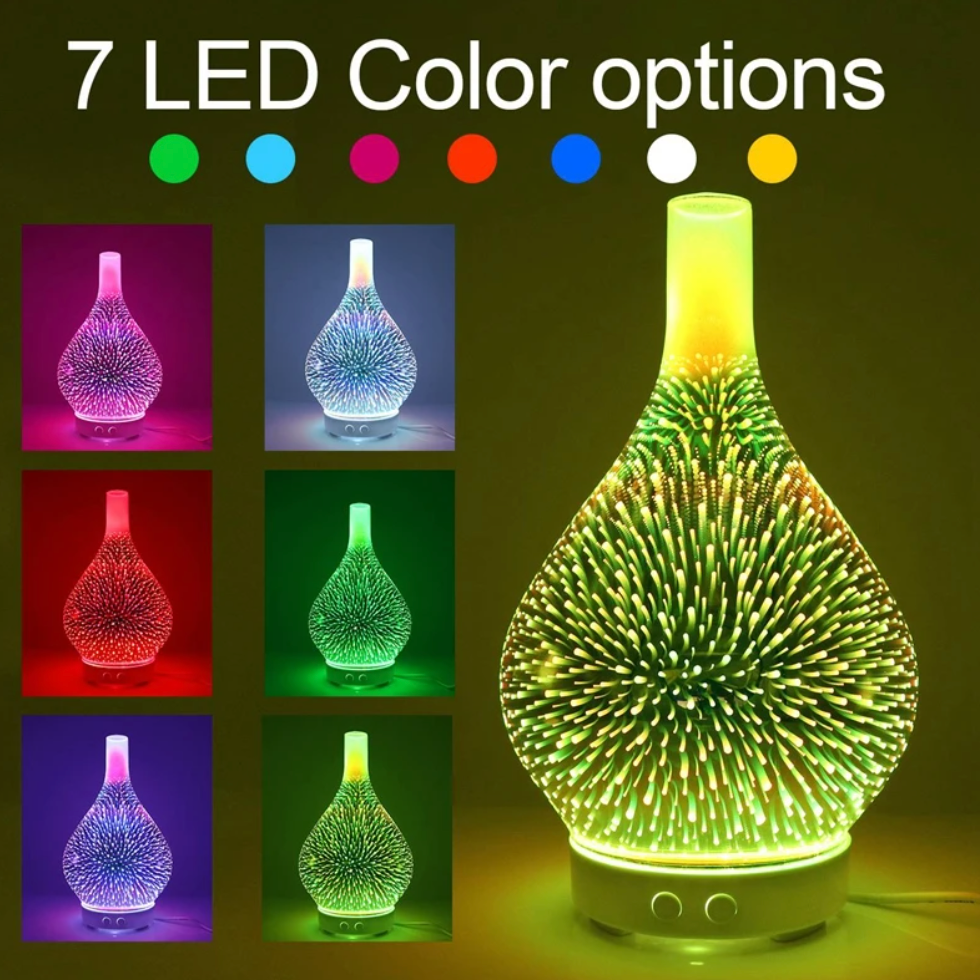 Compacte GalaxyGlow aromadiffuser voor huisdecoratie, combineert geurverspreiding met betoverende LED kleuren.