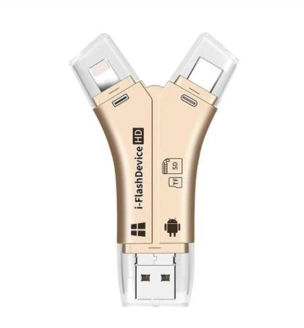 All-in-one multimemory USB-adapter met Lightning, USB-C, Micro USB, en SD/microSD kaartlezer voor complete gegevensoverdracht.