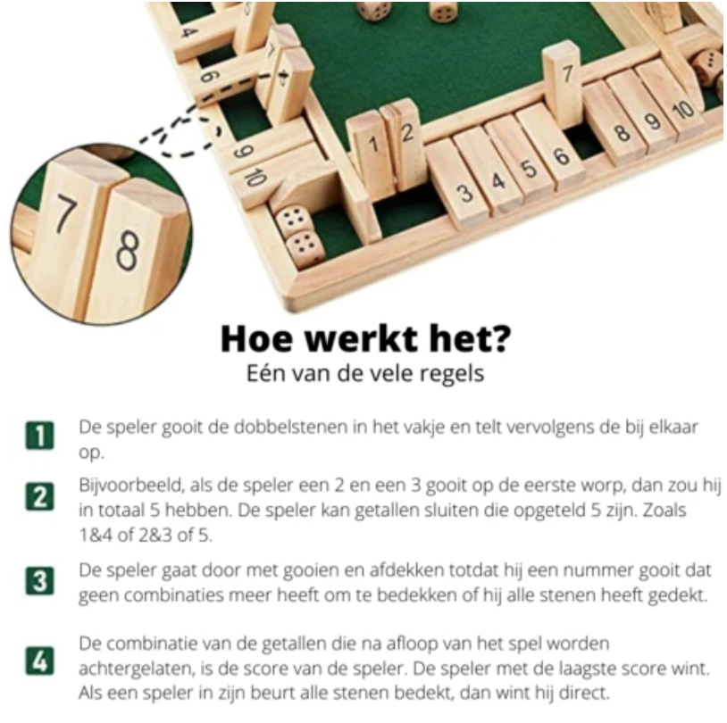 Plezier en vermaak gegarandeerd met dit leuke familiespel dobbelspel. Geschikt voor kinderen en volwassenen.