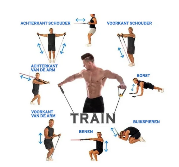 Complete MuscleBands weerstandsbanden set voor diverse unisex spieropbouw en krachttraining oefeningen thuis.