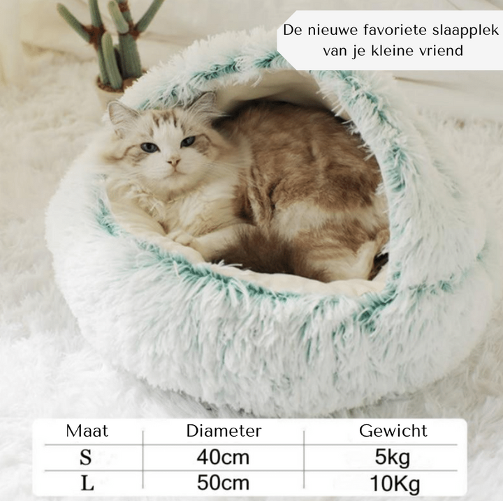 Groen kattenbedje van comfortabel pluche, een geborgen slaapplek voor je kitten of kat. Zacht en warm.