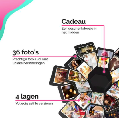 DIY explosiebox om zelf te knutselen met foto's en persoonlijke herinneringen, perfect als uniek geschenk.