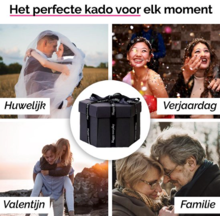 Valentijn explosiebox als verrassend fotocadeau; vul met dierbare herinneringen voor een persoonlijk geschenk.