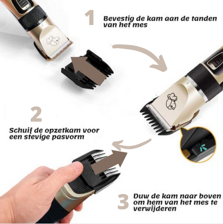 Stille hondentrimmer set met 4 opzetkammen en ontharingsborstel voor comfortabele huisdierverzorging.