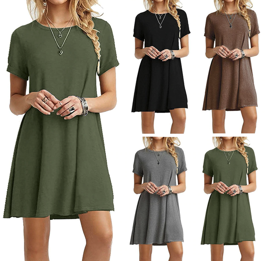 Elegante effen damesjurk met korte mouwen, comfortabel en stijlvol voor lente en zomer. Perfecte casual outfit.