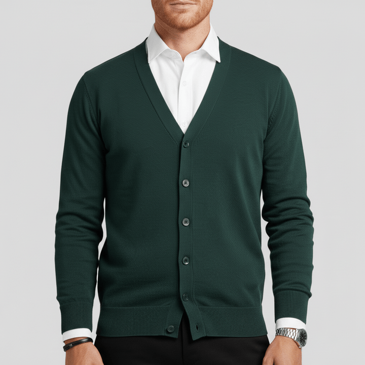 Donkergroen slim fit mannen vest, lange mouwen, V-hals. Creëert een frisse, stijlvolle look.