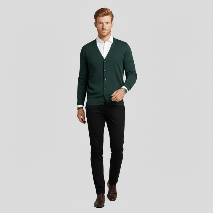 Stijlvol groen slim fit V-hals vest voor mannen, lange mouwen. Geschikt voor casual en zakelijk.