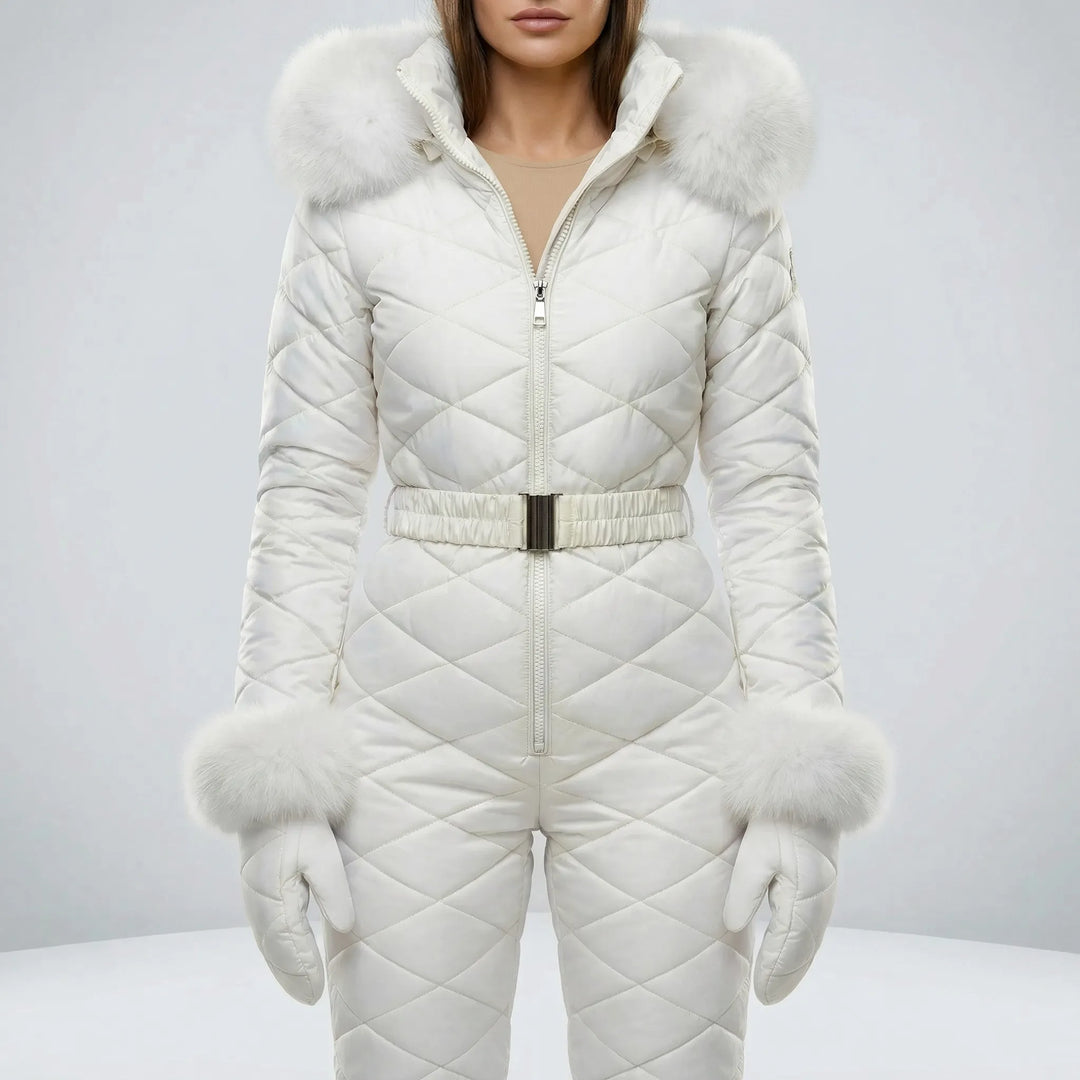Stijlvol dames slim fit winterpak 'Alice' in zwart; de perfecte warme winteroverall voor vrouwen.