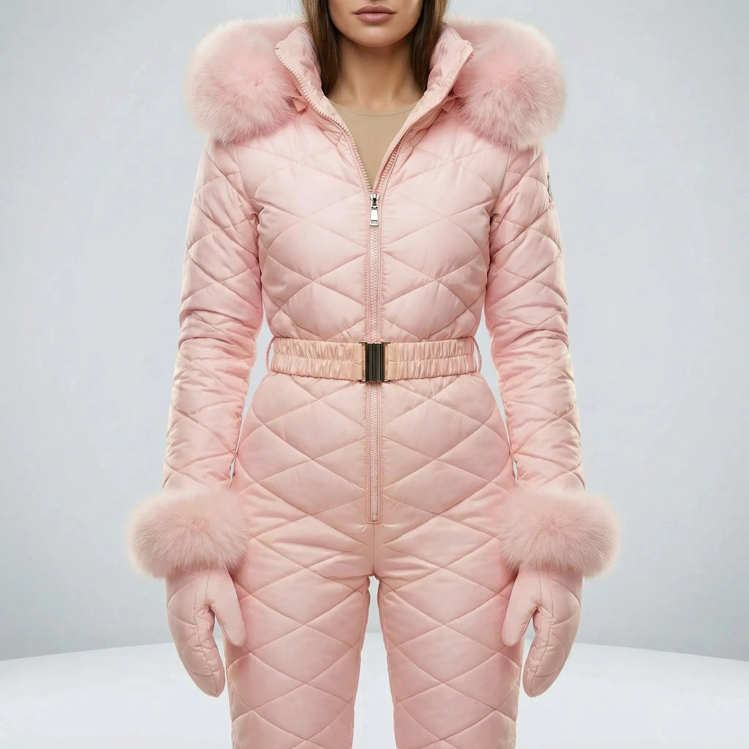 Model draagt comfortabel slim fit dames winterpak 'Alice'; warme en modieuze outfit voor winterdagen.
