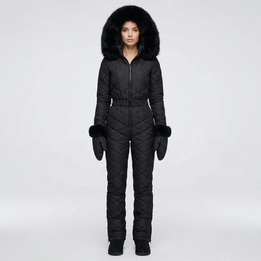 Detail van het warme en stijlvolle dames slim fit winterpak 'Alice'; hoogwaardige wintermode.