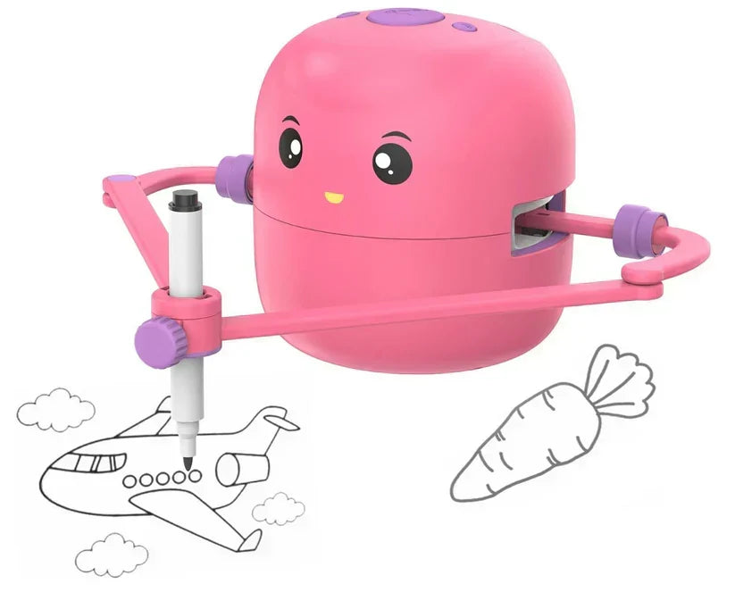 Roze tekenrobot voor kinderen; educatief speelgoed voor creatief leren tekenen met leerkaarten.
