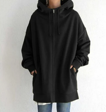 Veelzijdige dames oversized hoodie met rits en capuchon. Comfortabele vrijetijdskleding en trendy pullover.
