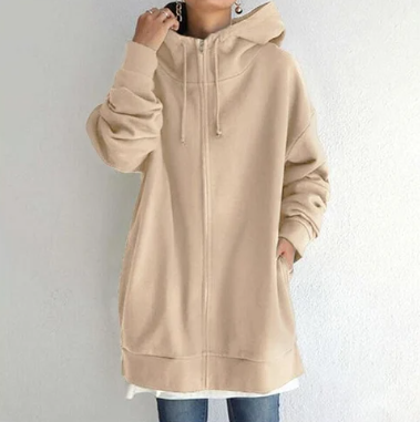 Zwarte oversized dames hoodie met rits en capuchon. Stijlvolle dameskleding, perfect voor een relaxte look.