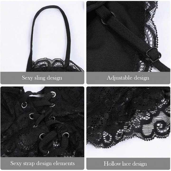 Verleidelijke zwarte bralette top voor dames, comfortabel en elegant, perfect als onderkleding of feestkleding.