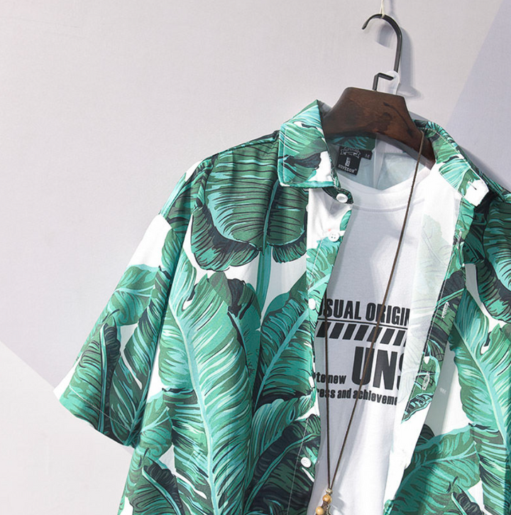 Stijlvolle heren Hawaii combiset, vrolijke tropische print, perfect voor jouw zomerse avonturen.