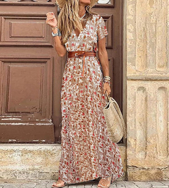 Elegante casual dames zomerjurk, boho stijl, met V-hals en korte mouwen, perfect voor diverse gelegenheden.