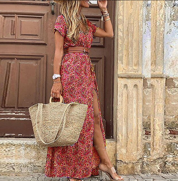 Veelzijdige dames boho jurk, geschikt als casual jurk of elegante strandjurk met V-hals en korte mouwen.