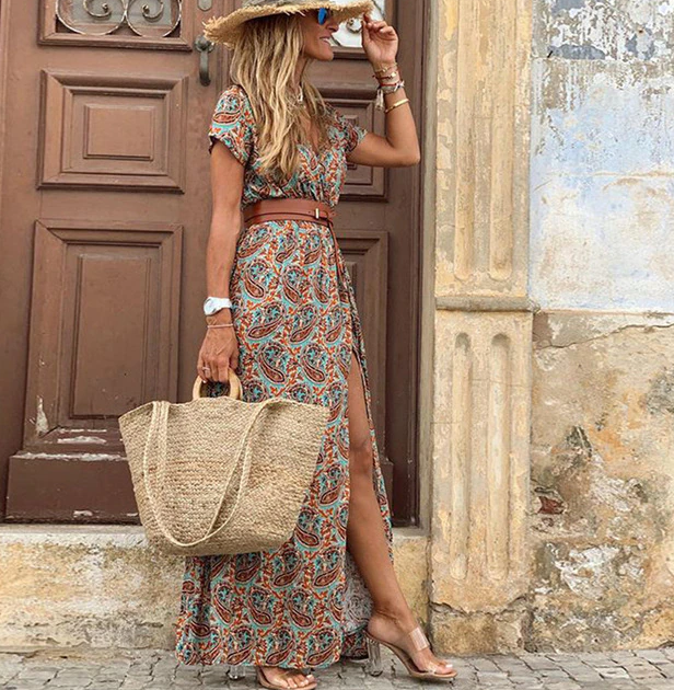 Trendy dames zomerjurk, lange boho stijl met V-hals en korte mouwen, een must-have voor vrouwen.