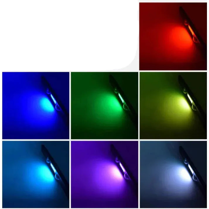 Muziekgestuurde draadloze LED auto sfeerverlichting GlowRide toont diverse kleuren en lichtpatronen.