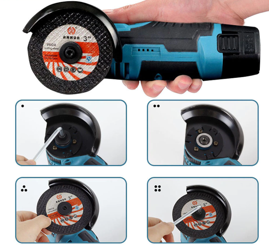 Detail van ergonomische handgreep en accu van de draadloze haakse slijper voor comfortabel doe-het-zelf gereedschap.