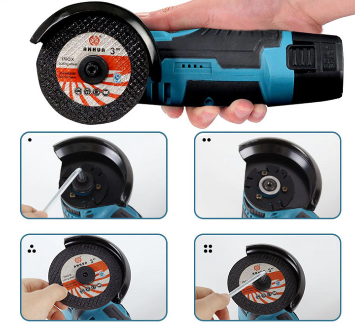 Detail van ergonomische handgreep en accu van de draadloze haakse slijper voor comfortabel doe-het-zelf gereedschap.