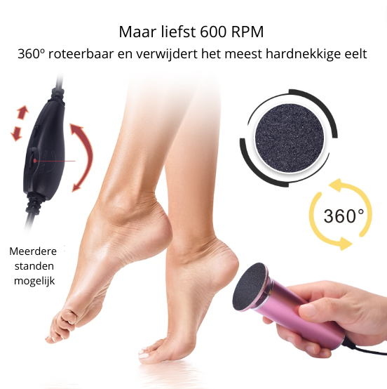 Zwarte elektrische pedicure vijl voor supergladde voeten; dé oplossing tegen ruwe hielen en eelt.
