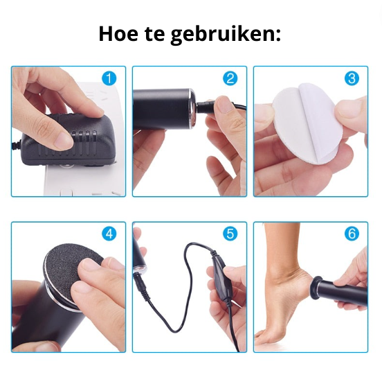 Draadloze elektrische eeltverwijderaar met verschillende opzetstukken voor complete voetverzorging.