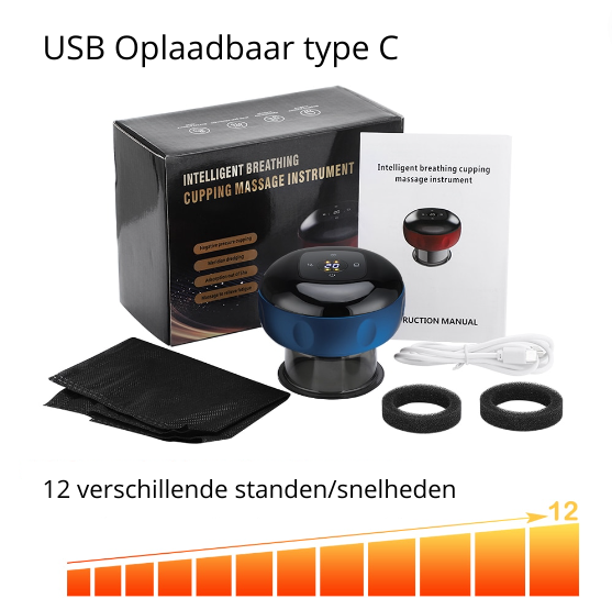 Elektrisch cupping apparaat met zuigkrachtinstellingen, perfect voor spierpijnverlichting en stressreductie.