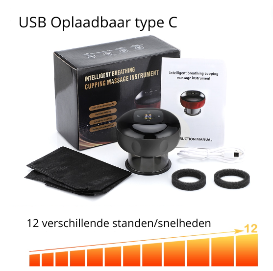 Handzame elektrische cupping kit, gericht op ontgiften en verstevigen van de huid op rug en benen.