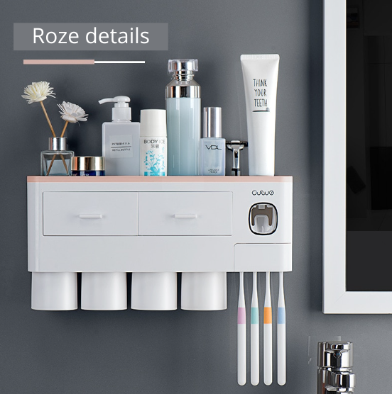 Praktische badkamer organizer met meerdere tandenborstelhouders en opbergladen; perfect voor het hele gezin.