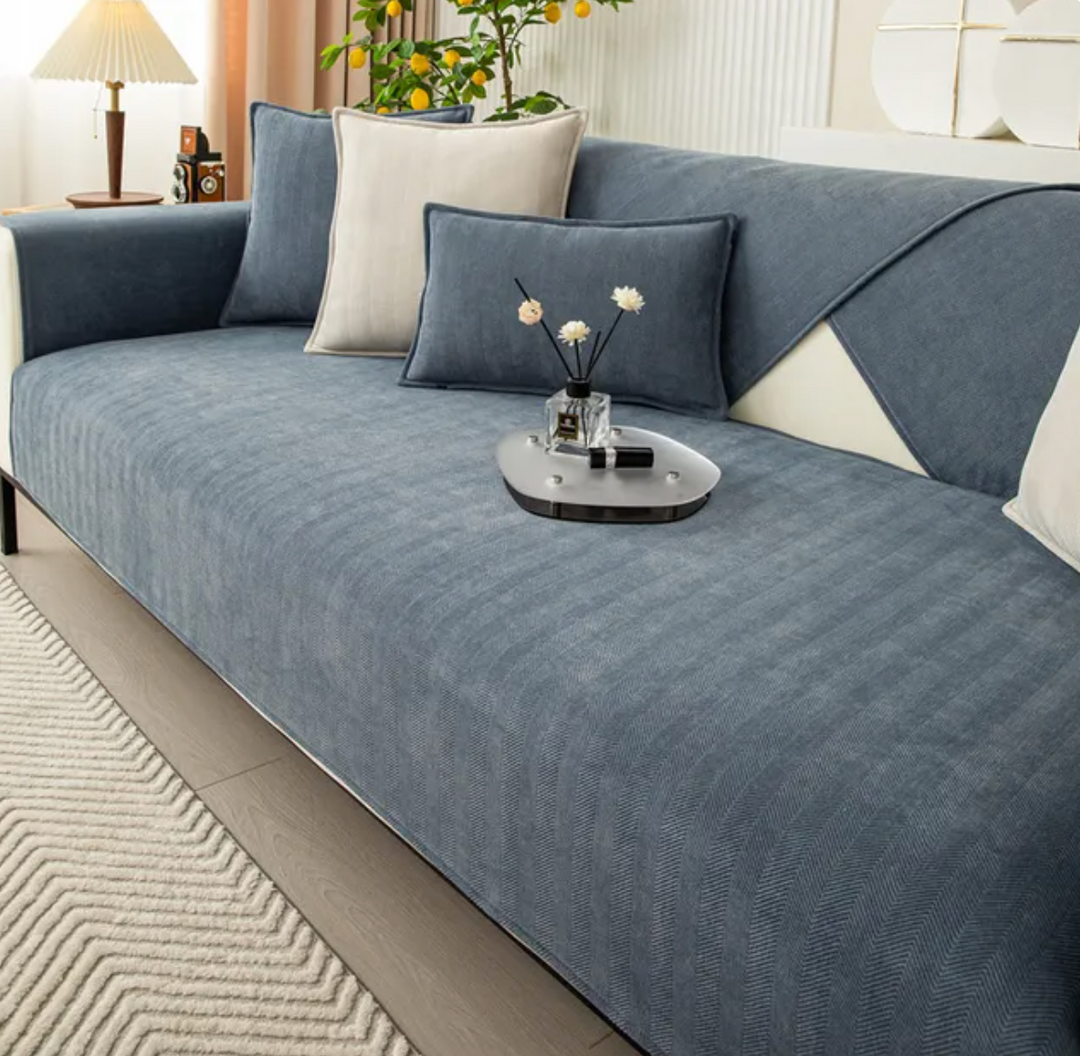 Bankbeschermer chenille met visgraatprint, antislip, perfect voor een modern interieur.