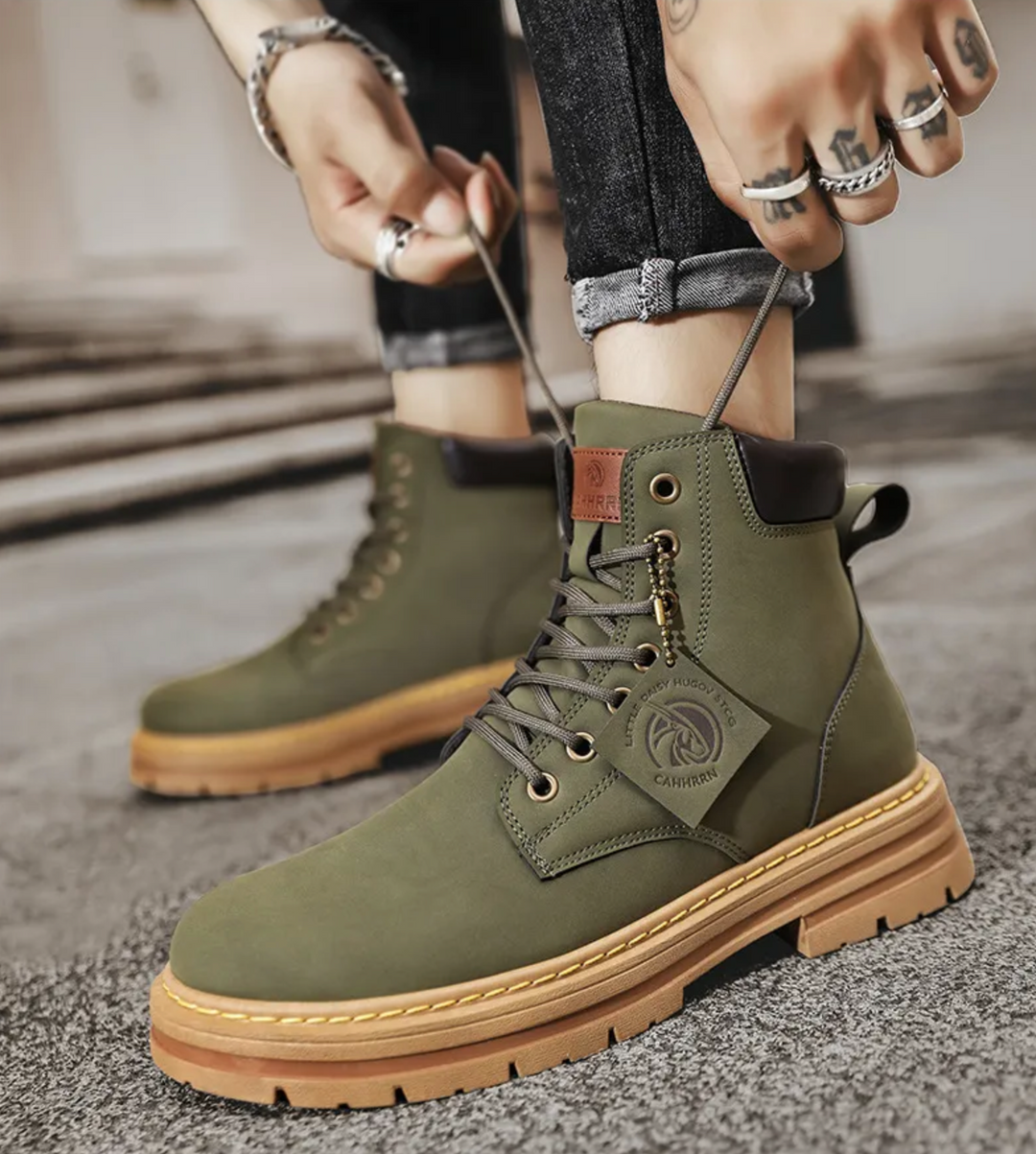 Stijlvolle groene heren laarzen, comfortabele winterboots met uniek patchwork.