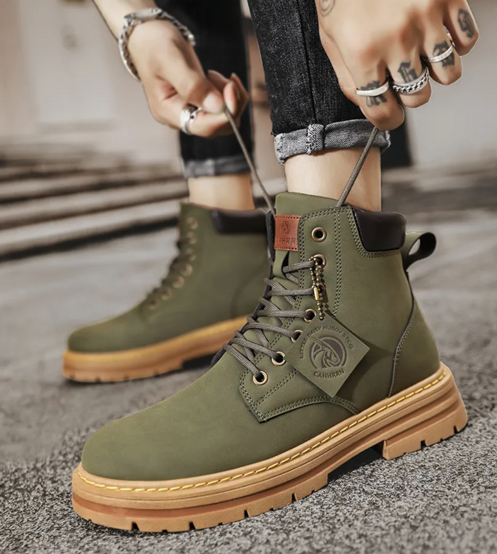 Stijlvolle groene heren laarzen, comfortabele winterboots met uniek patchwork.