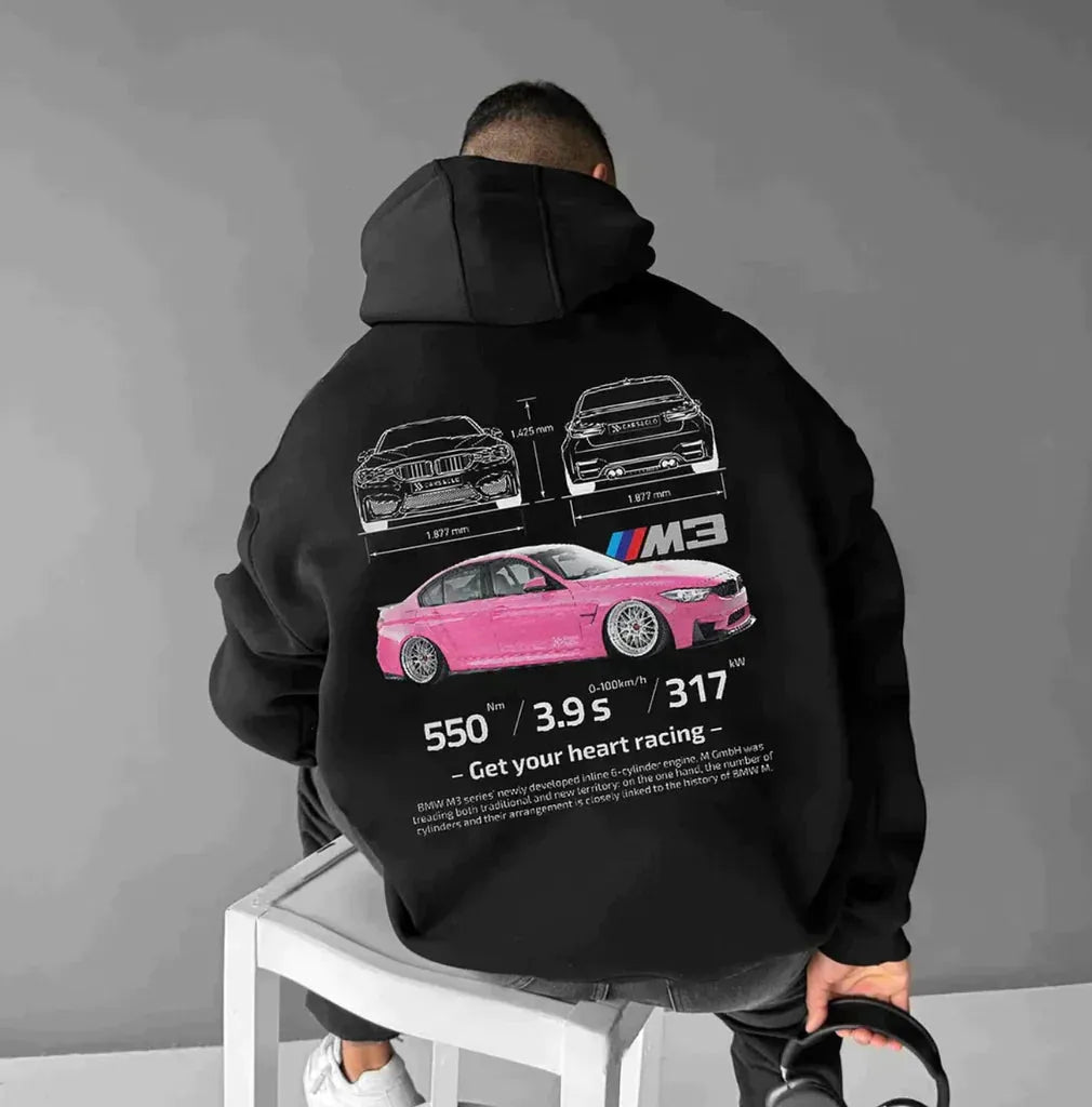 Zwarte oversized racing hoodie met capuchon en lange mouwen. Ideaal voor een comfortabele en stijlvolle, ontspannen look.
