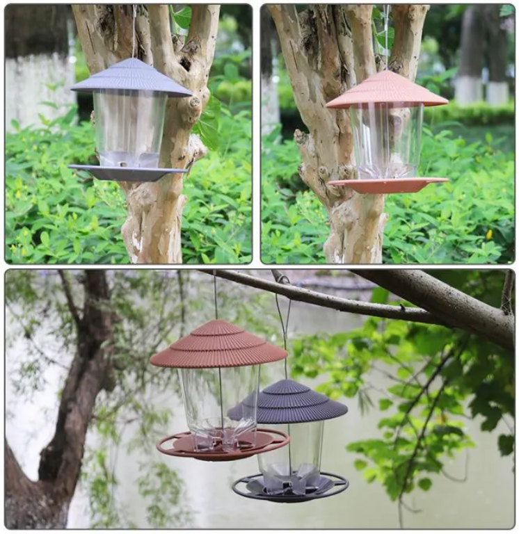 Automatische transparante noten vogelvoeder, een duurzaam en diervriendelijk buitenaccessoire voor tuinvogels.