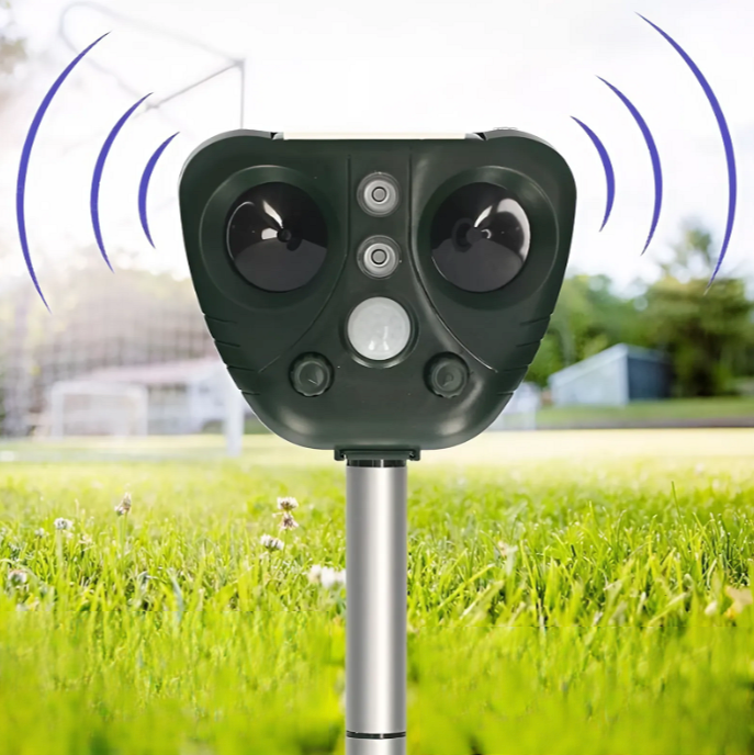Diervriendelijke ultrasone vogelverschrikker voor tuin en erf. Met 5 standen, op zonne-energie, waterdicht.